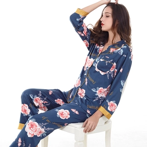 Women's dark blue satin floral pajama set with pink roses and golden dream lettering