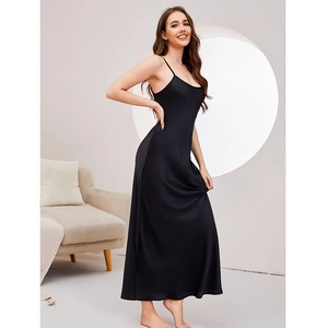 Elegant black silk slip nightgown with thin straps and round neck in a midi length