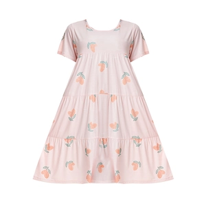 Short sleeve cotton nightdress with peach prints and tiered skirt design in light pink
