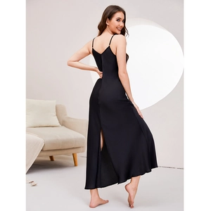 Elegant black silk satin midi slip dress with thin straps and high side slit