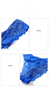 Close-up of floral lace embroidery and scalloped edges on cobalt blue thong underwear