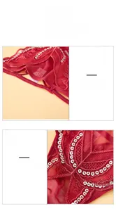 Gros plan sur la dentelle rouge avec broderie de paillettes en forme de papillon