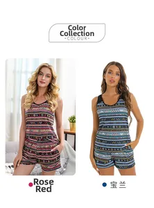 Ethno-Print Loungewear-Set mit ärmellosem Top und Shorts in Rosarot und Königsblau
