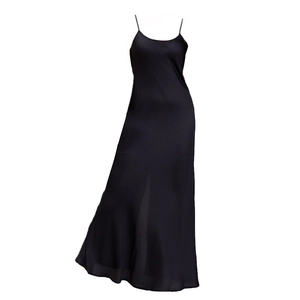 Sleek black satin slip dress with thin straps and a slim-fit midi-length silhouette