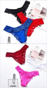 Close-up of lace thongs in multiple colors with delicate floral patterns and bow details