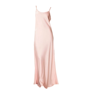 Elegant light pink satin slip dress with thin straps and a minimalist long cut