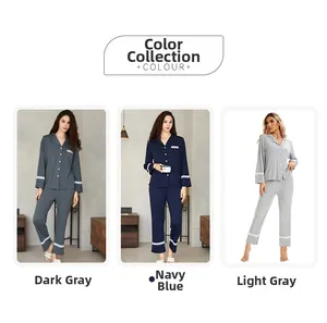 Three-color pajama set options showing grey and navy knit cotton with lace trim