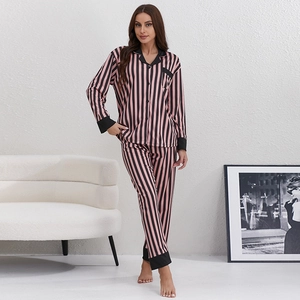Pink striped knit cotton pajama set with long sleeves and lapel collar for women