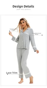 Detail view of grey knit pajama set showing lace splicing on the lapel and chest pocket