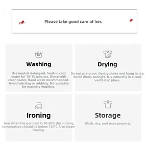 Detailed garment care guide with icons for washing, drying, ironing, and storage