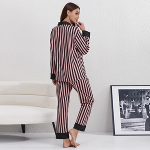 Women's pink and black striped long-sleeve knit pajama set with lapel collar for loungewear