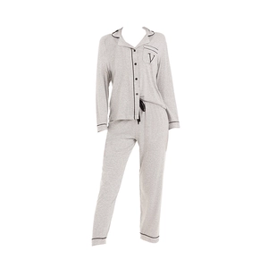 Women's grey modal cotton ribbed pajama set with long sleeves and black trim details