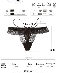 Detailed size chart and washing instructions for sexy black lace thong with floral mesh