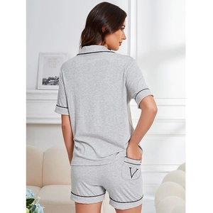 Women's modal cotton short sleeve pajama set in grey with contrast piping and V embroidery