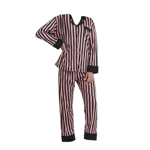 Pink and black vertical striped women's knit cotton pajama set with long sleeves and pants