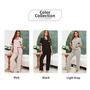 Détails du pyjama en modal pour femme, ensemble côtelé rose, noir et gris chiné doux