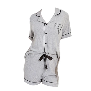 Women's modal cotton short sleeve pajamas set in light grey with V embroidery