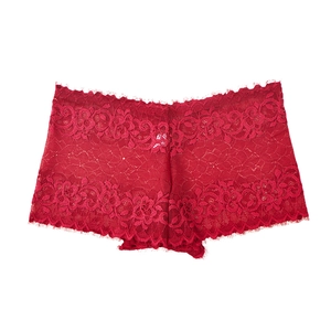 Culotte boxer en dentelle rouge transparente avec broderie florale et taille basse