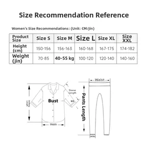 Size chart for women's knit cotton pajama set with measurements for S to XXL sizes