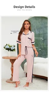 Détail de l'ensemble de pyjama rose en modal avec liserés contrastés et revers confortable