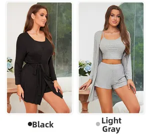 Detailed comparison of black and light grey 3-piece modal ribbed loungewear sets