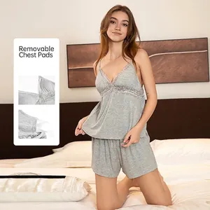 Women Modal Cotton Nightdress Lace Trim V Neck Nightgown With Removable Pads Top And Bottom Loungewear Pajamas