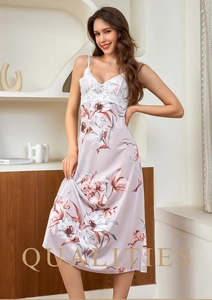 Detailed view of lavender floral satin nightgown with delicate white lace trim on neckline
