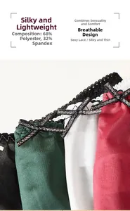 Détail de dentelle et nœud en métal sur string côtelé, tissu polyester et élasthanne