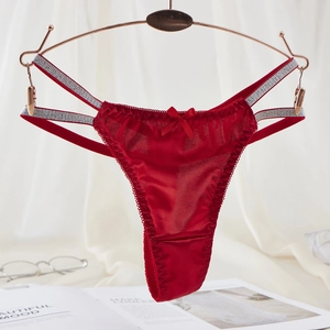 Sexy dark red lace thong with silk texture, bow detail and silver glitter double straps