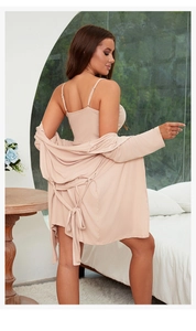 Detailed texture of rib-knit modal cotton on a soft apricot loungewear robe set