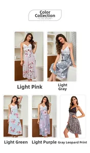 Collage of lace-trimmed satin nightgowns in light pink, grey, green, purple, and leopard print