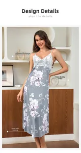 Detail view of adjustable straps and floral lace patchwork on satin nightgown
