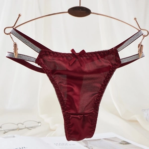Wine red sexy lace thong for women featuring glitter waist straps and mesh fabric detail