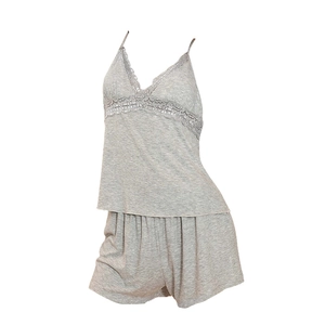 Women's modal cotton two-piece pajama set with lace trim camisole and shorts in grey