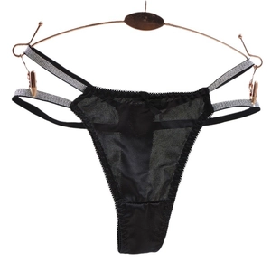 Sexy black sheer mesh thong for women with sparkling glitter double waistbands and bow