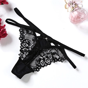 Sexy black floral lace T-back thong with hollow strappy waist and metal detail