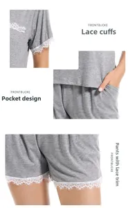 Macro detail of modal pajamas with delicate eyelash lace trim on sleeves and hem