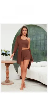 Three-piece modal rib-knit loungewear set with camisole, shorts, and long cardigan