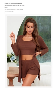 Detailed texture of brown rib-knit three-piece loungewear set with cardigan and shorts