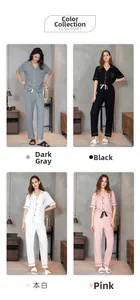 Collage of women's modal pajama sets in grey, black, white, and pink striped fabric