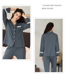 Deep gray cotton pajama set featuring white lace trim on sleeves and a button-down top