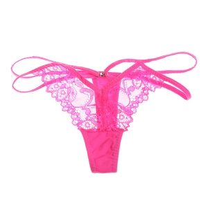 Bright pink floral lace thong with dual waist straps and a small metal buckle detail