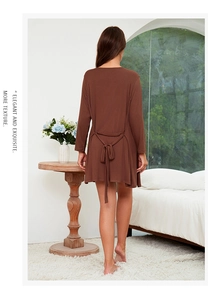 Detail of elegant brown modal loungewear robe featuring a back tie-knot design
