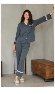 Deep grey pajamas set for women with long sleeves and elegant white lace trim detail