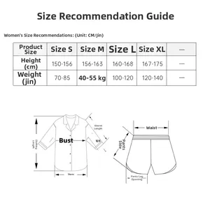Size guide for women's pajamas set showing height and weight recommendations from S to XL