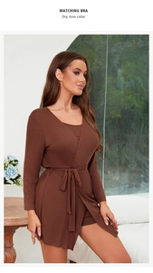 Detailed close-up of dry rose ribbed modal three-piece loungewear set with belted robe