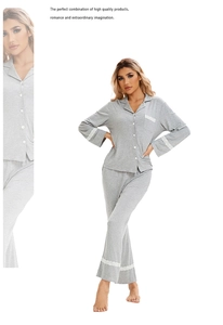 Detail view of grey knit cotton pajamas with delicate white lace trim on cuffs and pockets