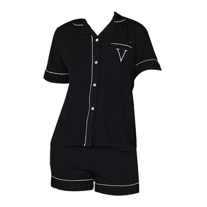 Women black short sleeve modal pajamas set with pink piping and V embroidery