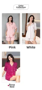 Close-up of modal heart print pajama sets in pink, white, and rose red color selection
