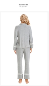 Detailed back view of grey knit cotton pajama set with white lace trim on sleeves and hem